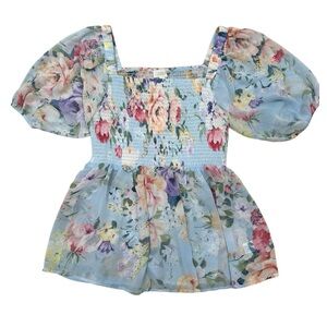 NWT Oddy Floral Puff Sleeve Smocked Square Neck Top Peplum Blouse Sz M